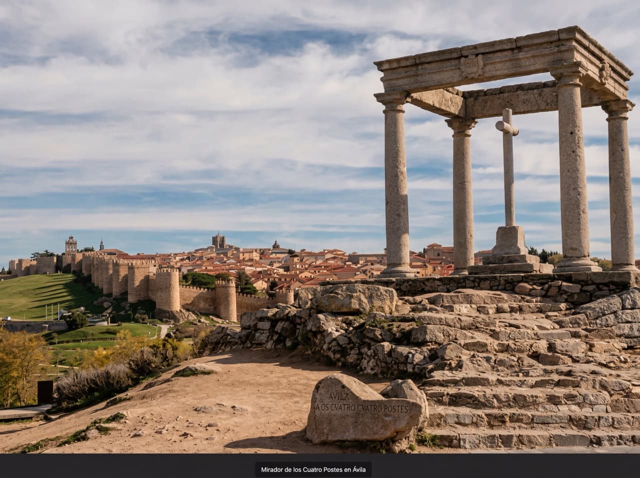 Mirador de los Cuatro Postes con las murallas medievales de Ávila al fondo