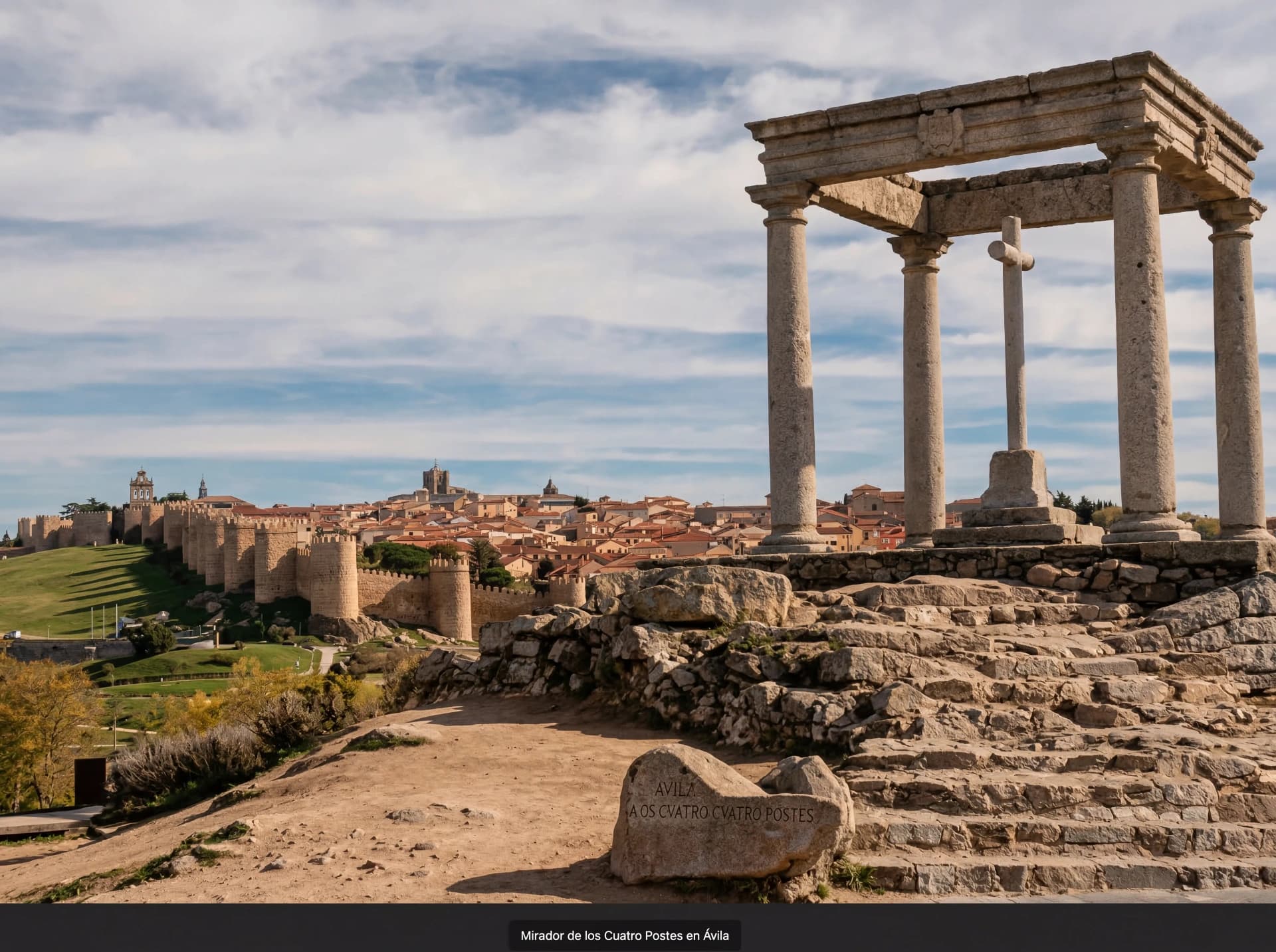 Ávila's 11th-century medieval walls at sunset, perfectly preserved battlements stretching across the Castilian plateau, small tour group with guide