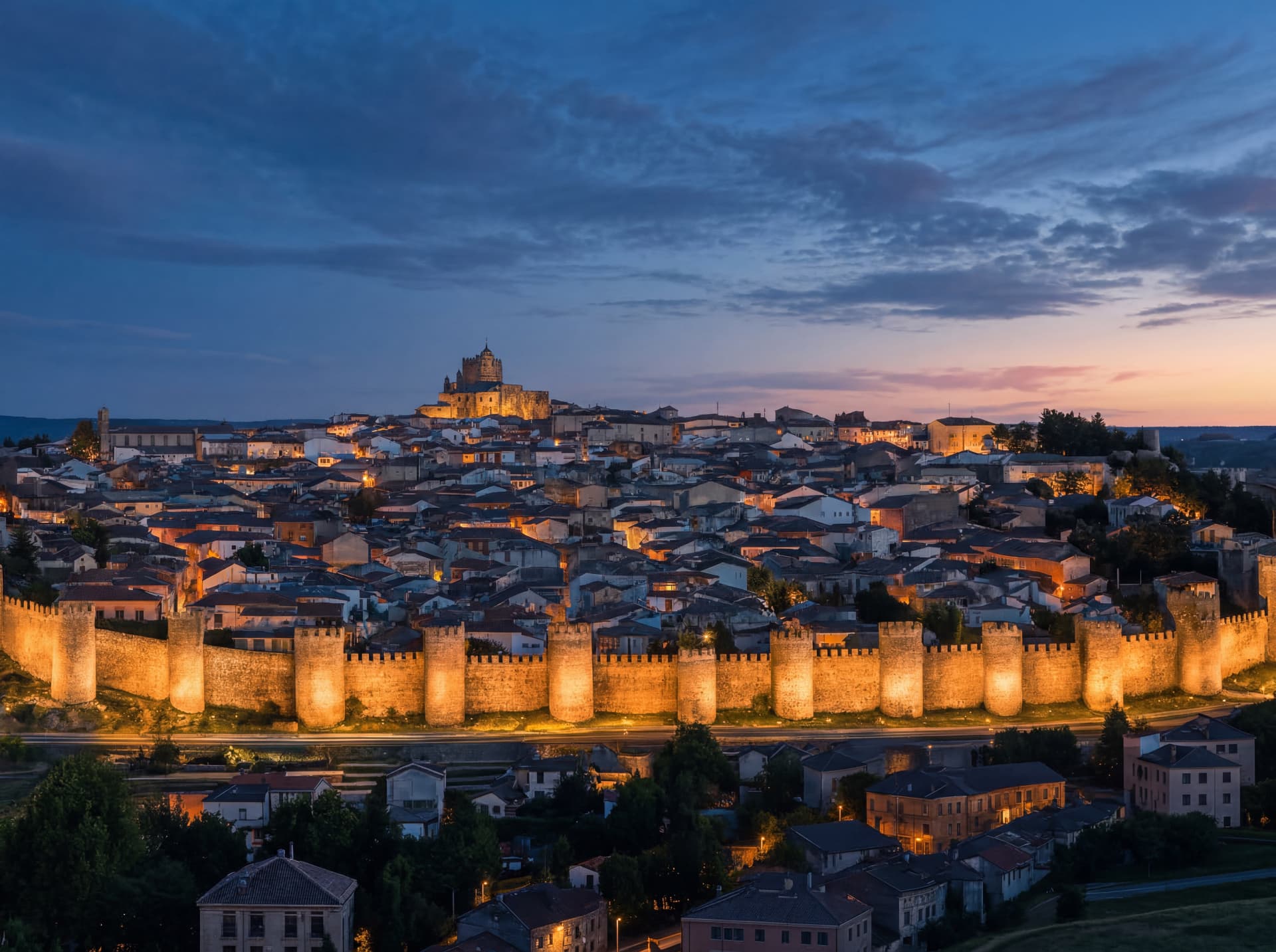 Murallas medievales de Ávila al atardecer, las mejor conservadas de Europa, grupo con guía local