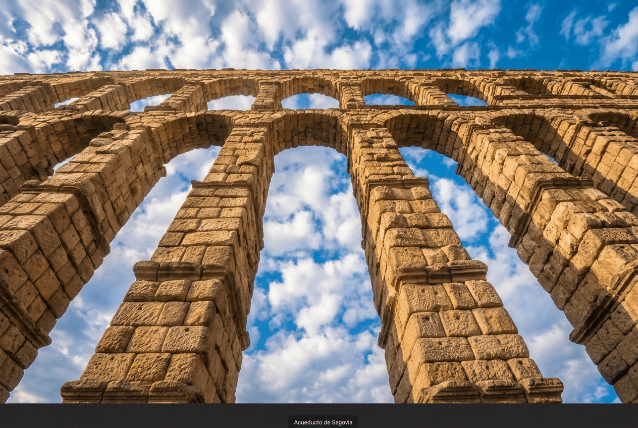 Acueducto de Segovia visto desde abajo en contrapicado