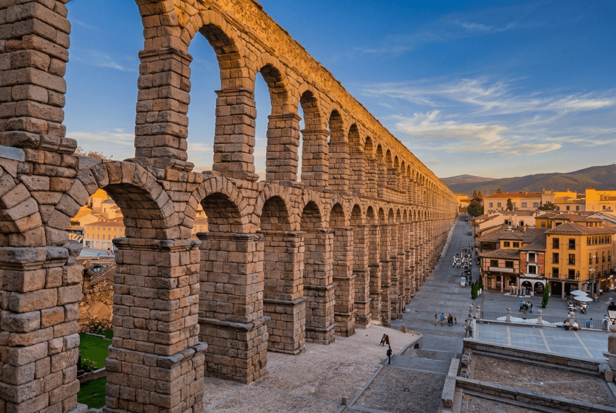 Vista lateral del Acueducto Romano de Segovia