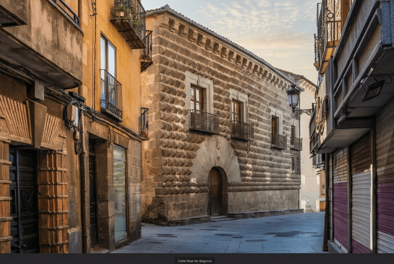 Calle Real de Segovia con fachada de piedra esgrafiada