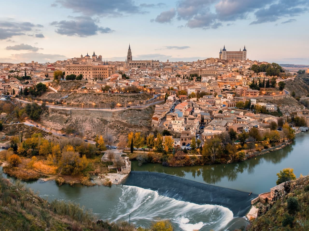 Panoramic view of Toledo and Tagus River at sunset